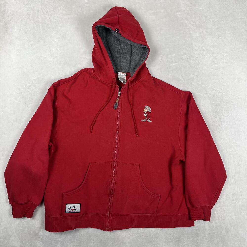 Vintage Disney Grumpy Hoodie Mens XL Red Full Zip Fleece Sweatshirt Graphic
